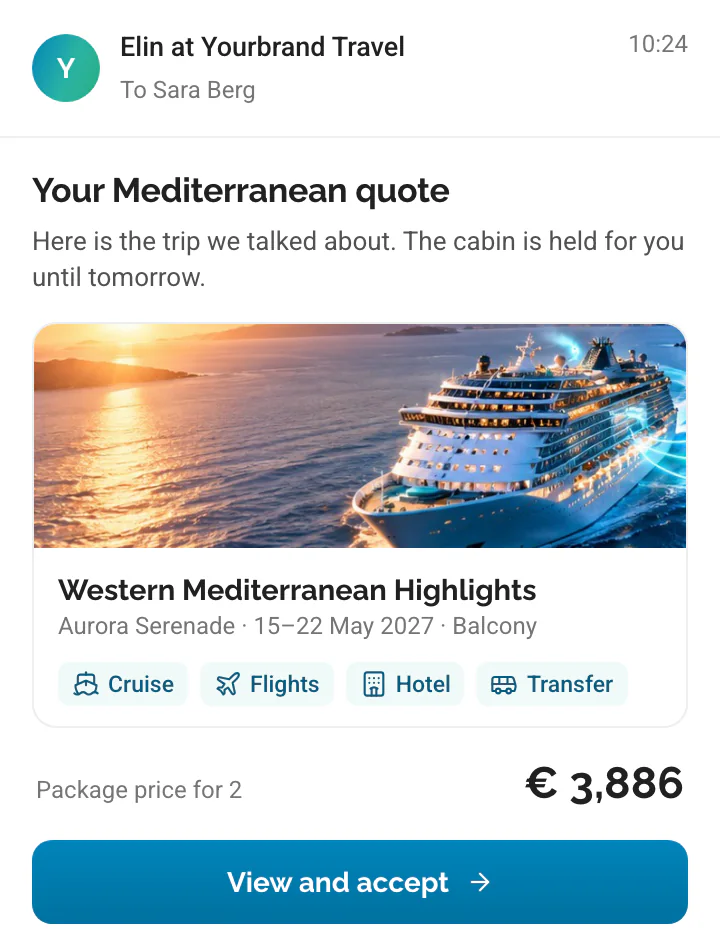 The quote as the client receives it by email, with the trip, what is included, the package price and a View and accept button.