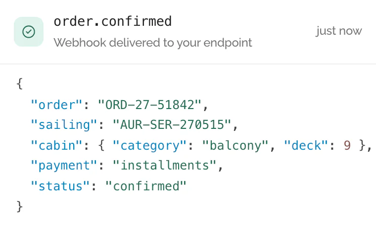 An order confirmed event delivered to the partner's webhook endpoint, as JSON.