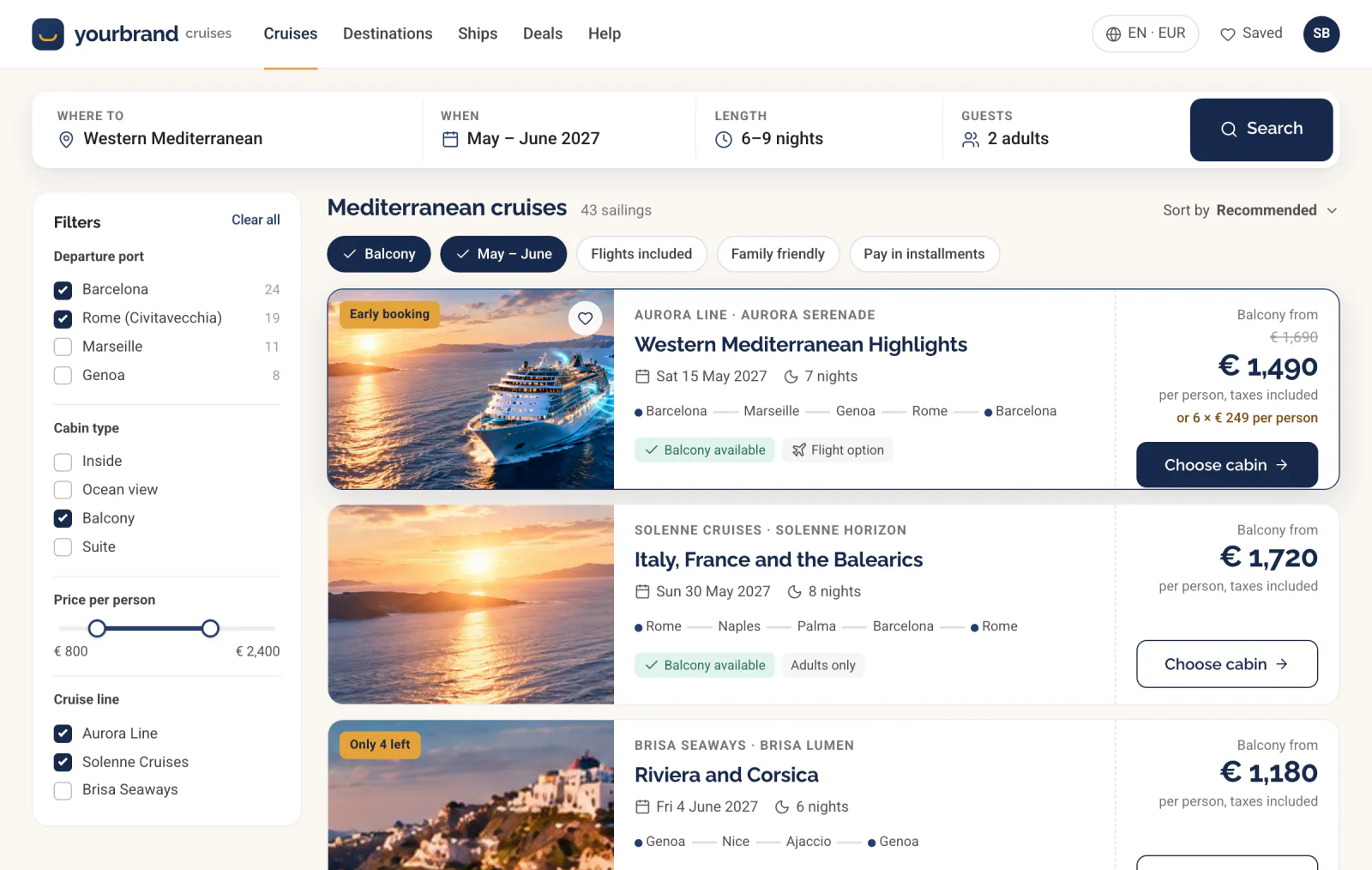 A partner-branded cruise storefront: a search for Western Mediterranean sailings in May and June for two adults, filters for port, cabin type, price and cruise line, and results with the balcony price per person and an installment option.