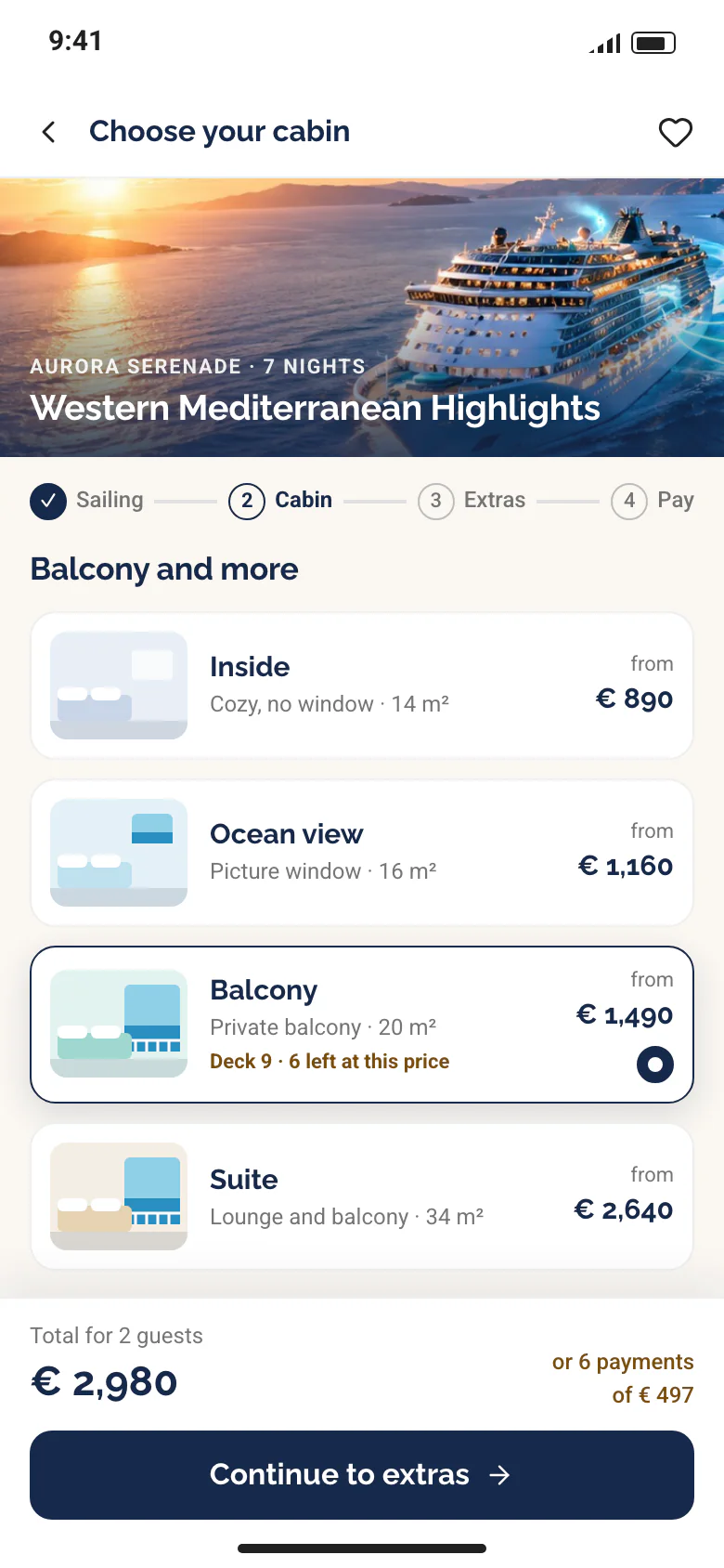 The same storefront on a phone: choosing a cabin category for the sailing, with Balcony selected, the total for two guests and a Continue to extras button.